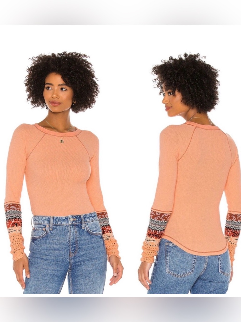 Free People in the mix Peach Long-Sleeve Knit Top with Patterned Cuffs